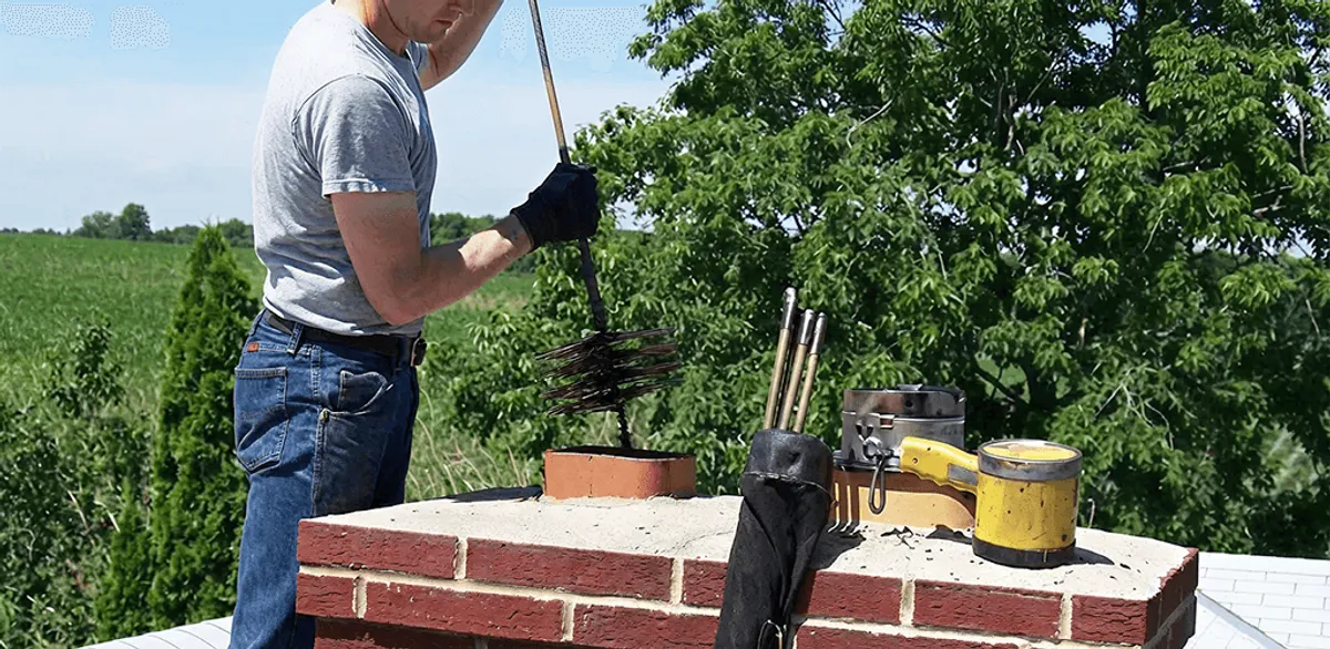 Chimney cleaning technician working on a rooftop chimney with professional tools in South Bend, IN