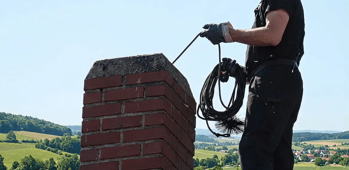 Chimney sweep inspecting and cleaning a rooftop chimney in South Bend, IN