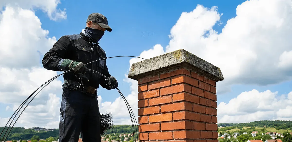 Chimney sweep cleaning a brick chimney with professional tools in South Bend, IN