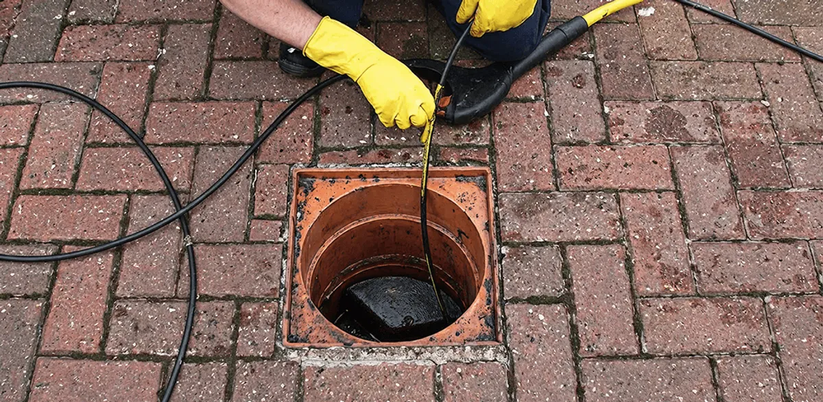 Drain cleaning technician using a drain snake to clear a clogged drain in South Bend, IN