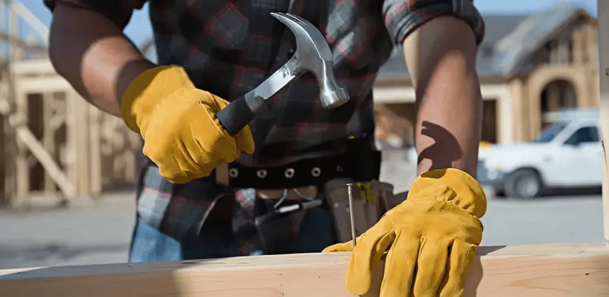 Handyman fixing wood trim with a hammer for home repairs in South Bend, IN