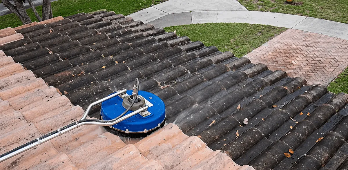 Roof pressure cleaning removing debris and buildup from roof tiles in South Bend, IN