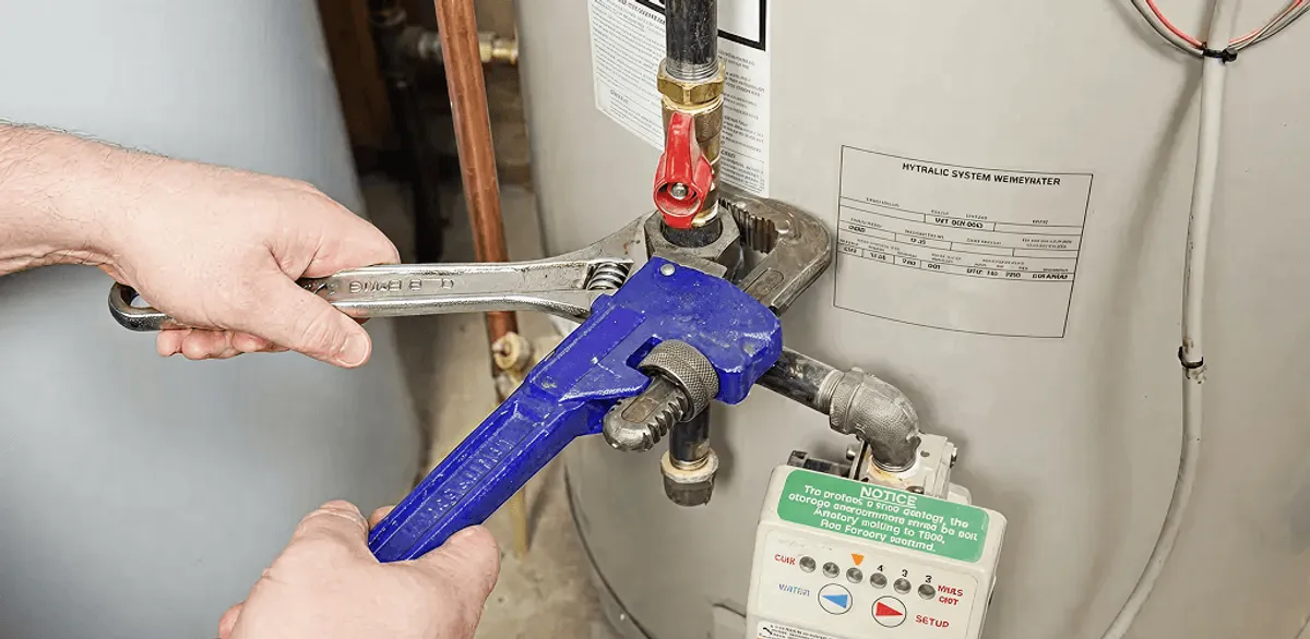 Water heater repair technician tightening the shutoff valve and supply line in South Bend, IN