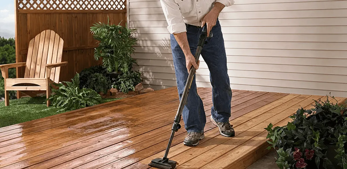 Deck staining service applying stain to a backyard wood deck in South Bend, IN